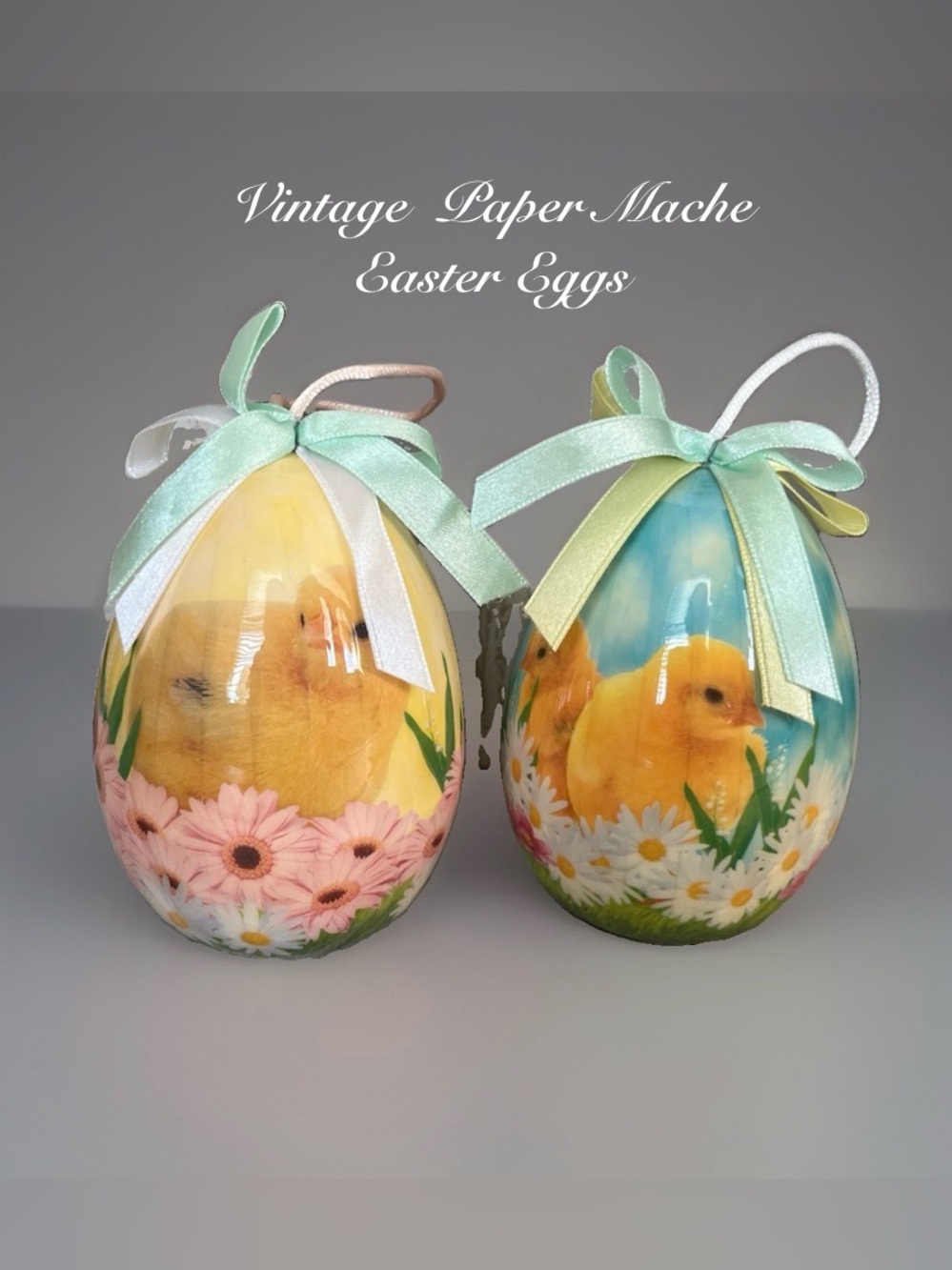 Vintage Paper Mache Decorative Easter Eggs With Chick and Daisies - EUC